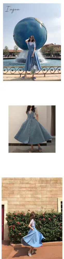 Ingvn - New Denim Dress Women Fashion Solid V Neck Sleeveless Backless With Button Pocket Mid Calf Cotton Strap Dress Office Lady