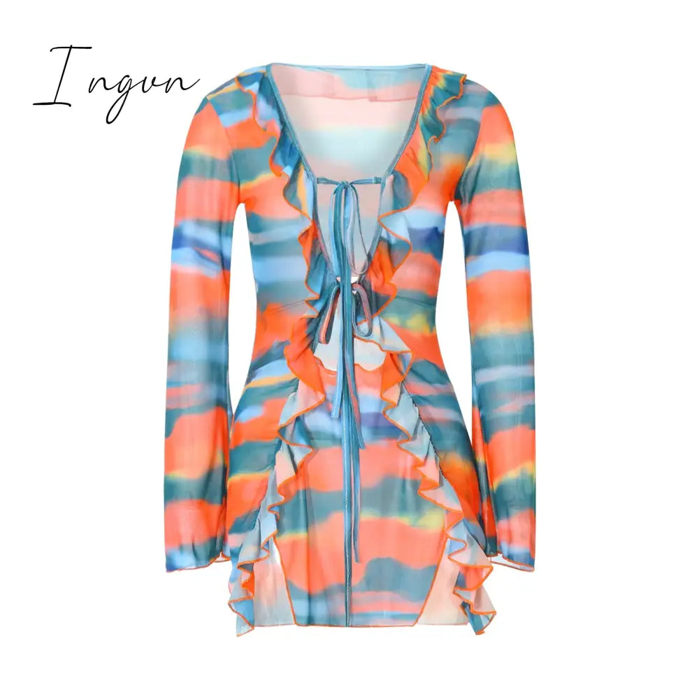 Ingvn - Women Mini Dress Long Sleeve Lacing Tie-dye Print Patchwork Slit Bodycon Dress for Club Party