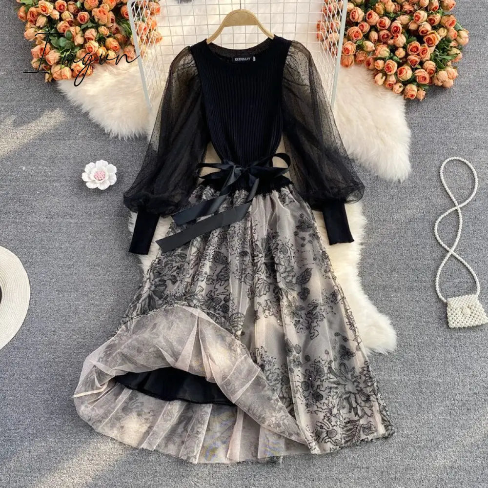 Ingvn - Elegant Mesh Knitted Stitching Dress Women Vintage Puff Sleeve Round Neck A Line Party Dresses Ladies Bandage Printing Dress