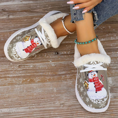 Snowman Pattern Canvas Shoes - Lightweight, Low-Top, Plush Lined, Casual Lace-Up Sneakers for Women - Perfect for Outdoor Activities, Christmas Gift Idea, Comfortable and Breathable