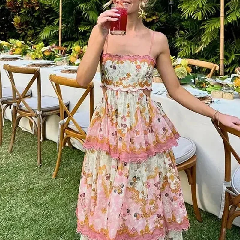 Women Elegant Flower Print Cake Layered Dress Sexy One Shoulder Sleeveless Bohemian Dress Fashion Waist Pleated Long Dress