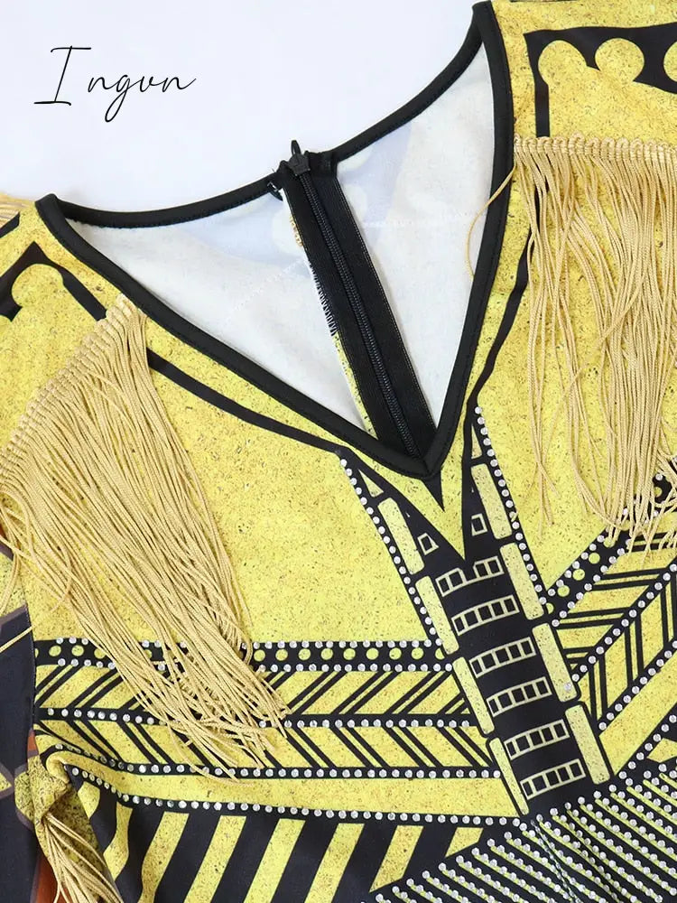 Ingvn - Womens Sexy Bodycon Jumpsuit Vintage Printed Long Sleeve One Piece Outfits with Tassels Rhinestone Yellow Black Romper Clubwear