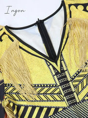 Ingvn - Womens Sexy Bodycon Jumpsuit Vintage Printed Long Sleeve One Piece Outfits with Tassels Rhinestone Yellow Black Romper Clubwear