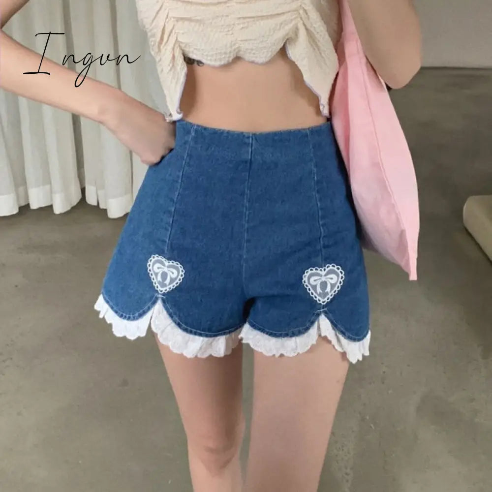 Ingvn - Summer Outfits Trends Cute Lolita Girls Denim Shorts Japanese Sweet High Waist Lace Irregular Women's Shorts S-4XL Summer Kawaii Sexy Blue Shorts