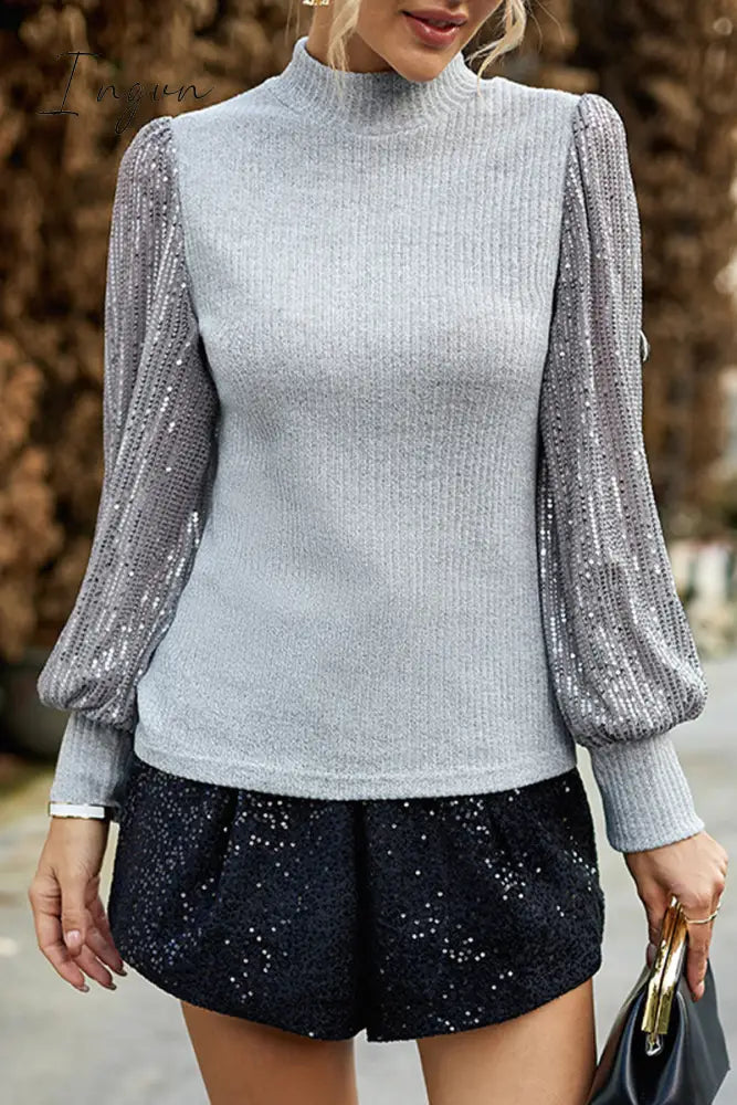 Ingvn - Elegant Solid Sequins Half A Turtleneck Tops