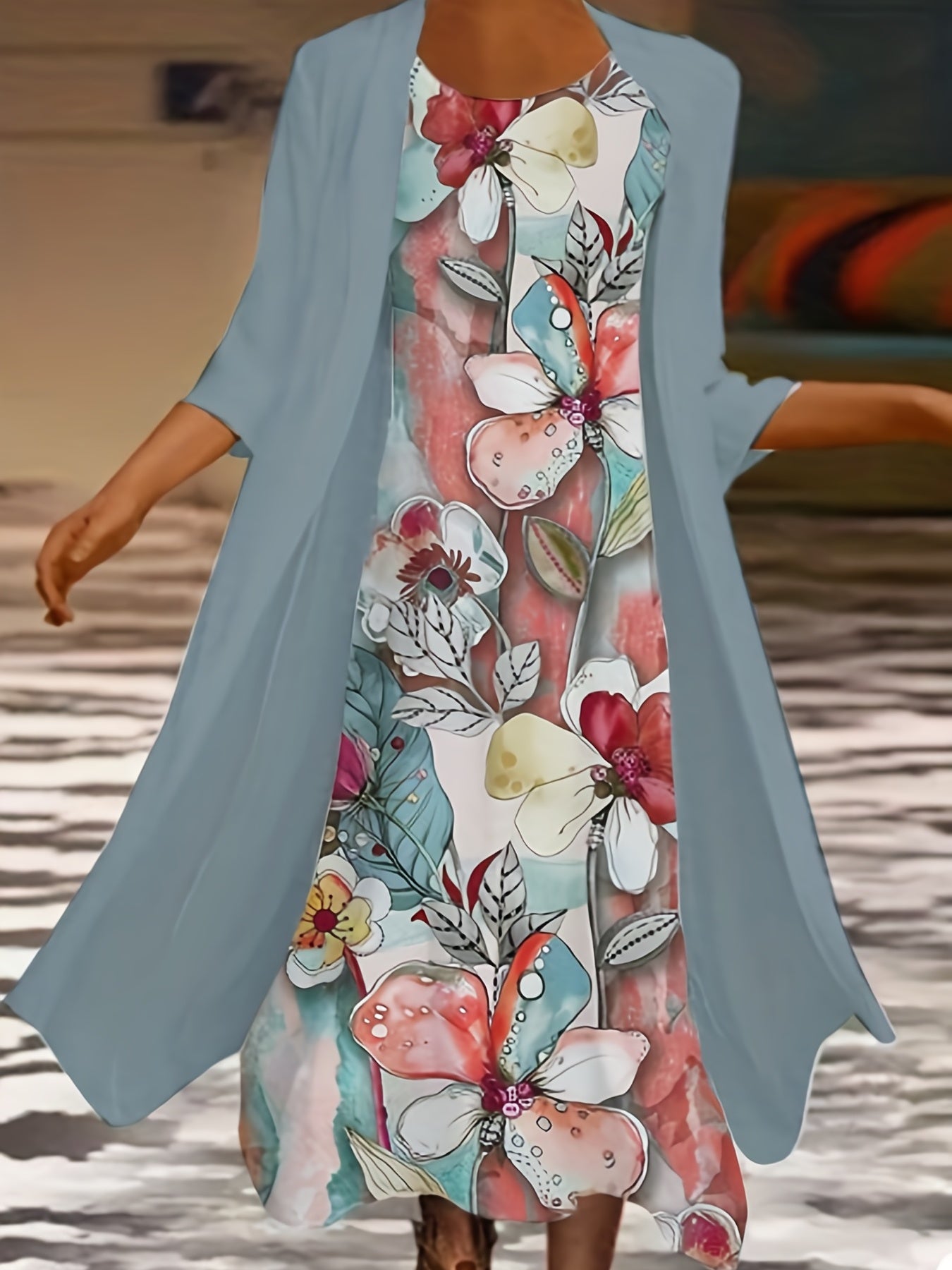Plus Size Outfits Set, Women's Plus Floral Print Round Neck Tank Dress & Long Sleeve Coat Outfits Two Piece Set