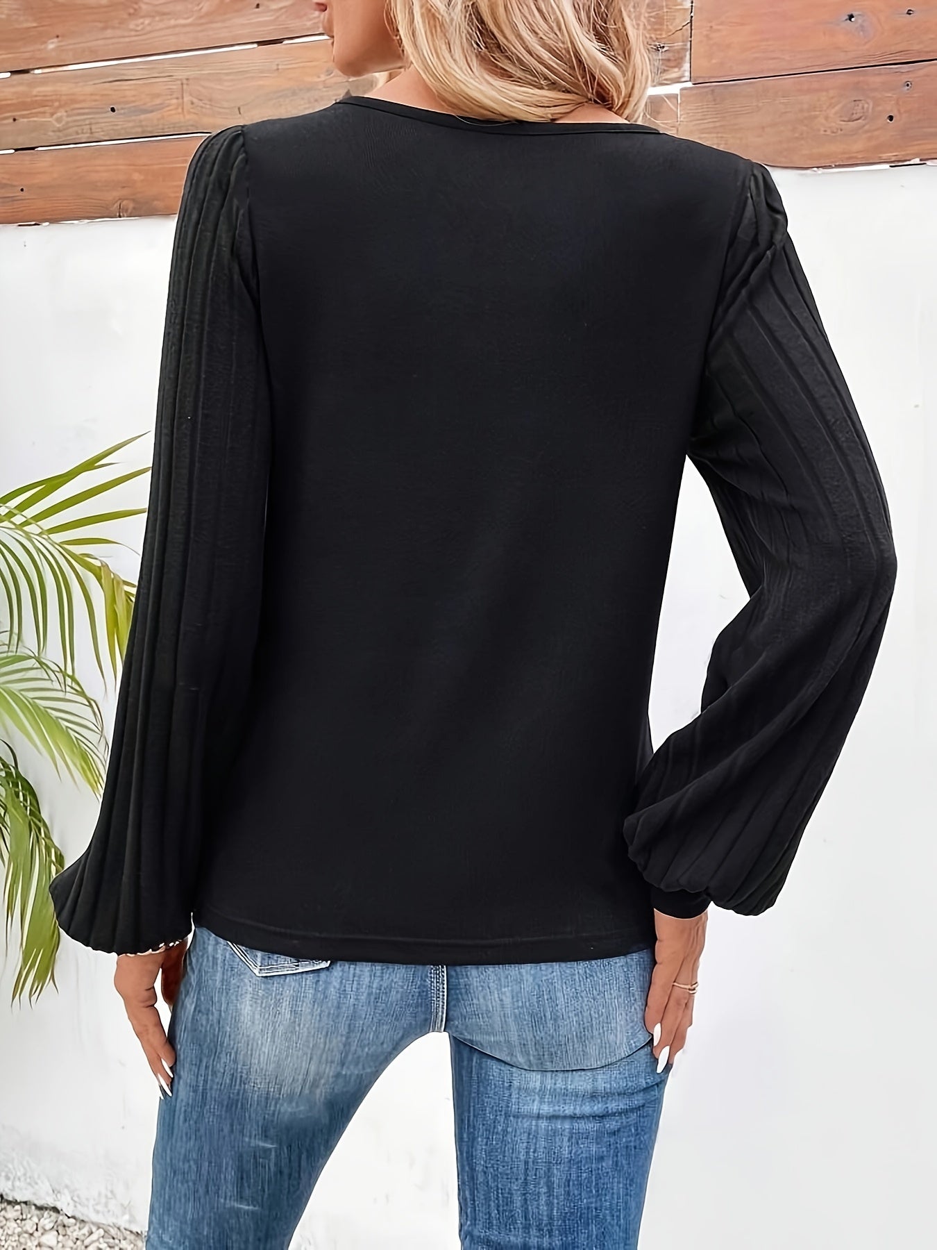 Flare Fantasy, Elegant Solid Color V-Neck T-Shirt with Bell Sleeves - Soft Polyester, Machine Washable - Perfect for Spring & Fall