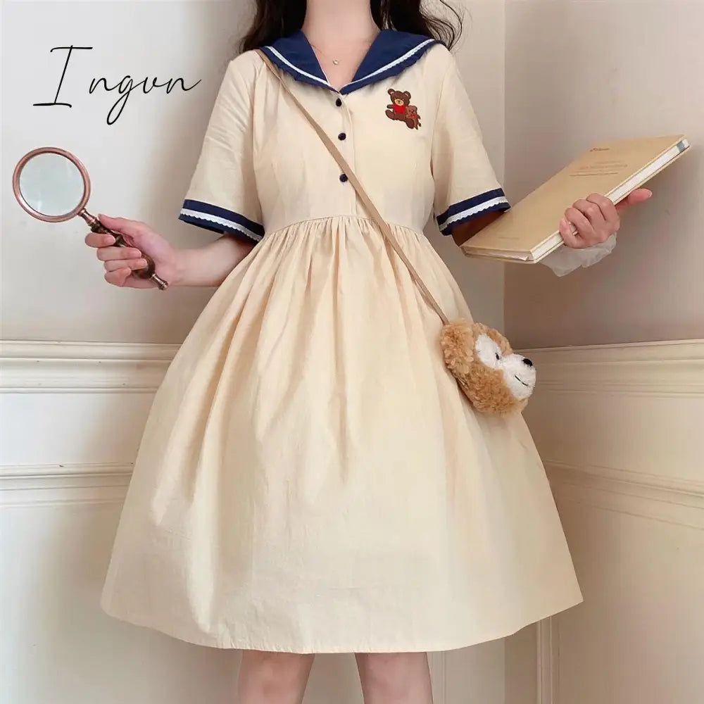 Ingvn - Harajuku Sailor Collar Navy Dress Japanese Lolita Sweet Bow-knot Girl Retro Cotton Kawaii Preppy Style Short Sleeve Dress Women