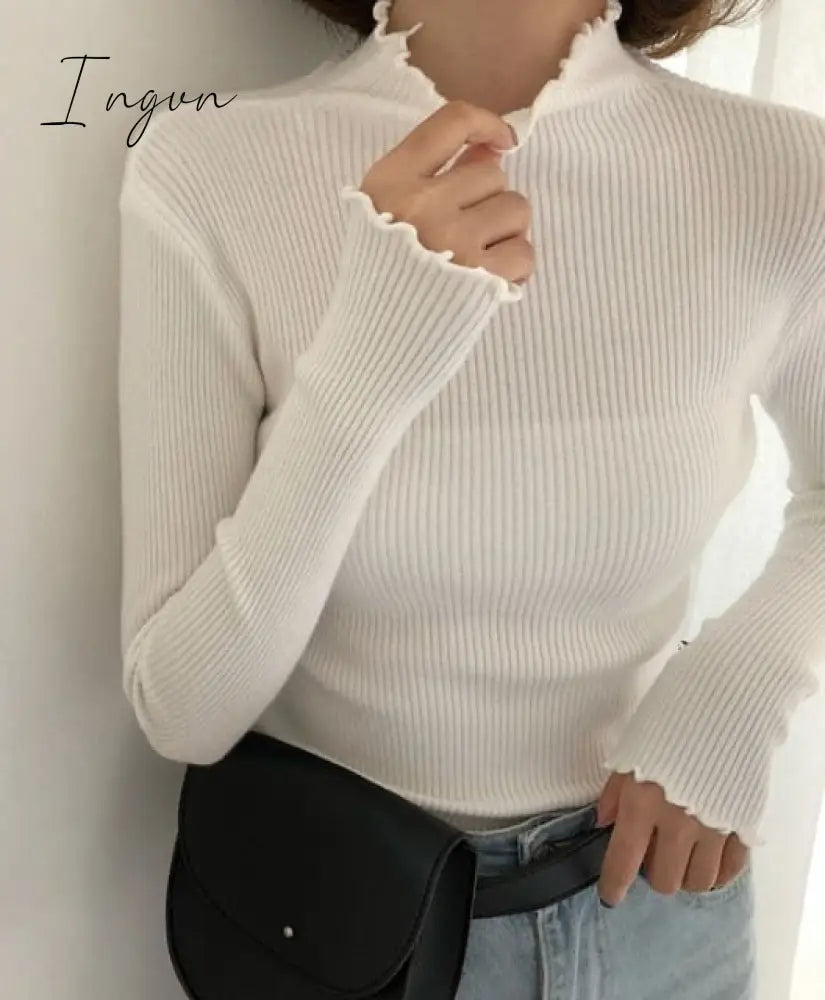 Ingvn - Turtleneck Ruched Women Sweater High Elastic Solid Fall Winter Fashion Sweater Women Slim Sexy Knitted Pullovers Pink White