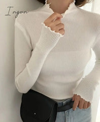 Ingvn - Turtleneck Ruched Women Sweater High Elastic Solid Fall Winter Fashion Sweater Women Slim Sexy Knitted Pullovers Pink White