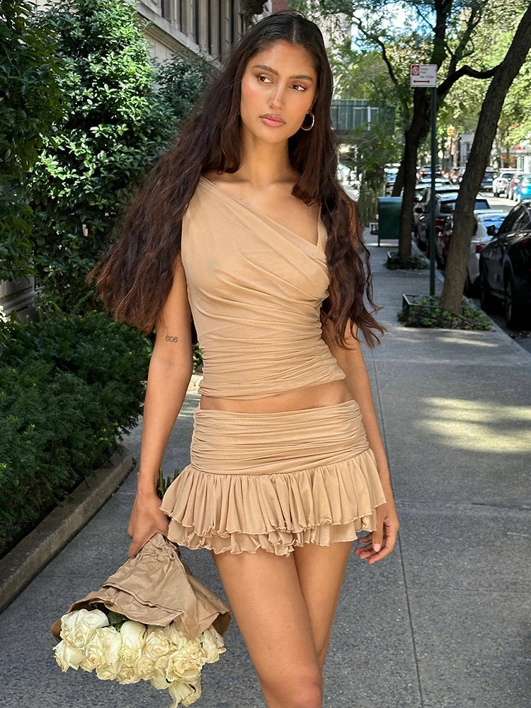 Sexy Off-shoulder Skirt Two Pieces Sets For Women Sleeveless Slim Fit Crop Top And Short Skirt Female Two Pieces Sets