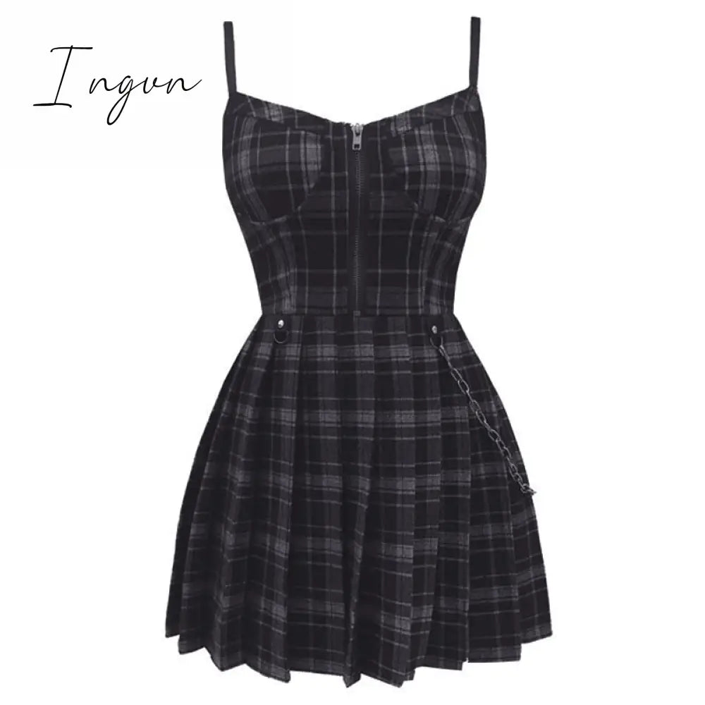 Ingvn - Gothic Girls Plaid Pleated Punk Dress Preppy Style Red Black Spaghetti Strap Sexy Sleeveless Mini Short Dresses Goth Streetwear