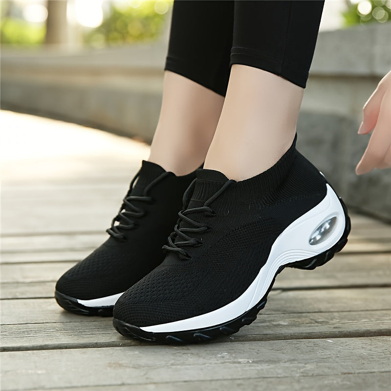Ultra-Comfortable Women's Road Running Shoes - Breathable Knit Sneakers with Thick Air Cushion Sole, Easy-Tie Laces for Running and Business Casual - Perfect for Fitness Enthusiasts and Busy Professionals