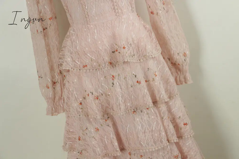 Ingvn - Pink Lace Embroidery Maxi Dress Female spring Winter Full sleeve high waist Ruffle elegant Long party dresses Woman