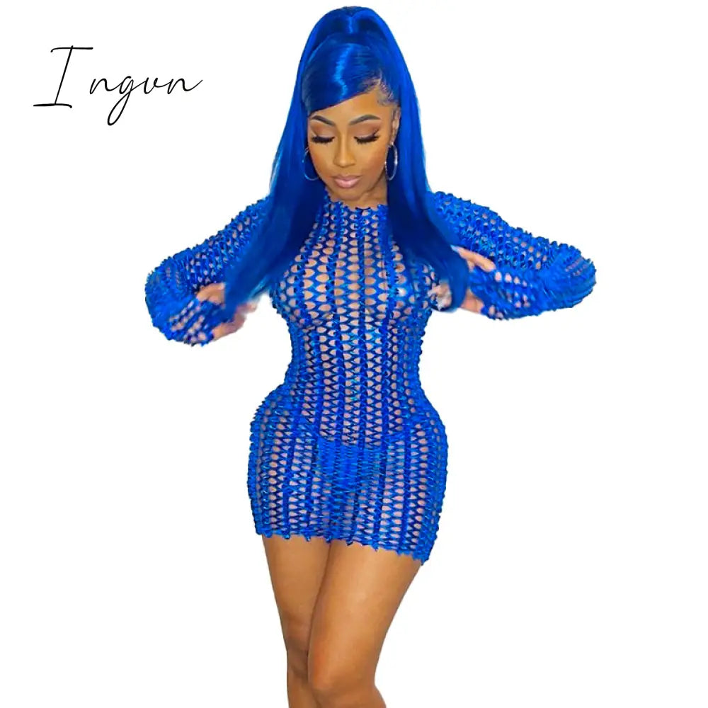Ingvn - Long Sleeve Cut Out Solid Skinny Sexy Mini Dress Autumn Winter Women Fashion Party Club Elegant Outfits
