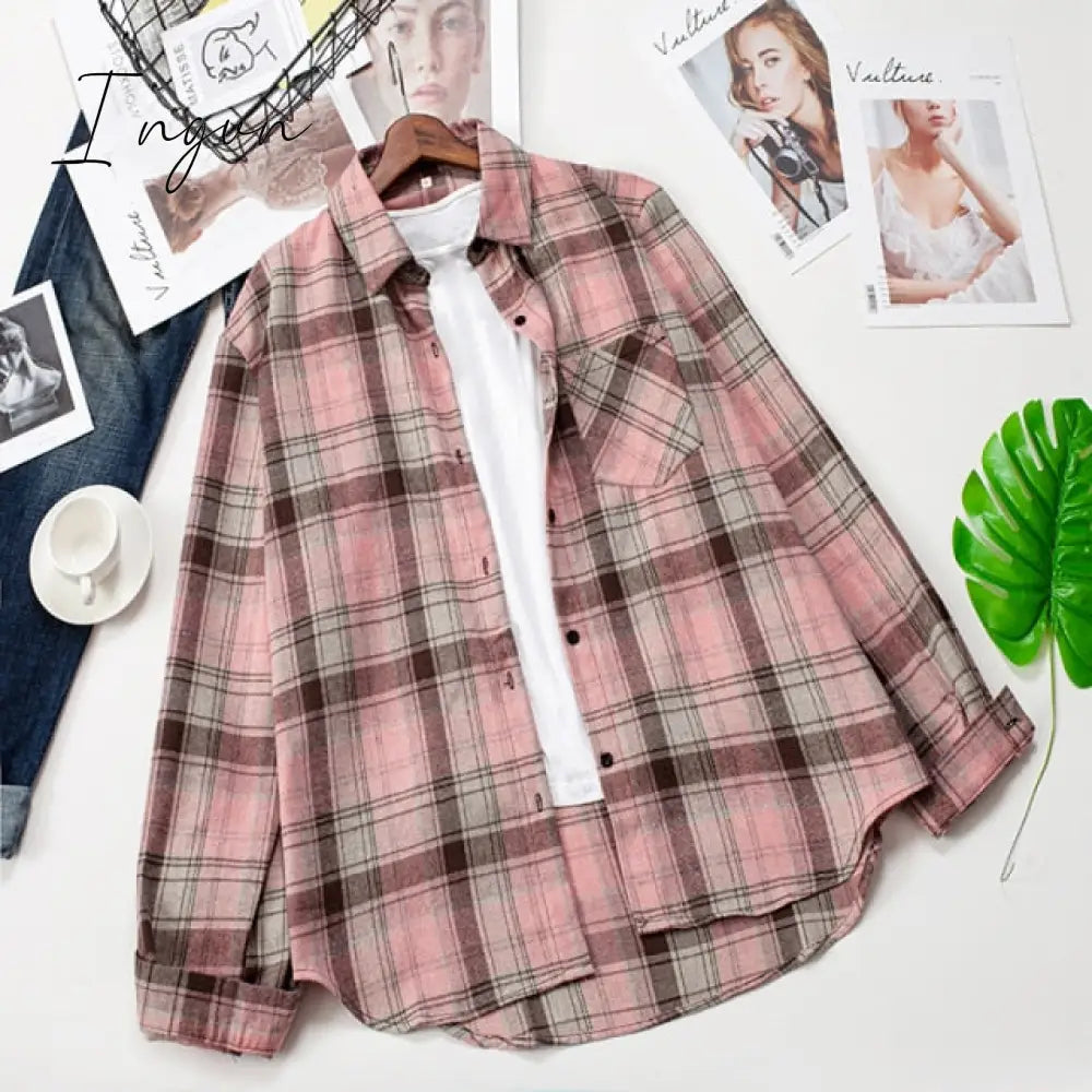 Ingvn - Plaid Shirts Women Top And Blouses Long Sleeve Oversized Cotton Ladies Casual Blusas One Pocket Loose Female Checked Shirt