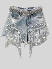 S-5XL Waist Beads Tassel Women'S Denim Shorts Summer Beading Wide Leg Thin Oversized Jeans Korean Streetwear Women Clothes