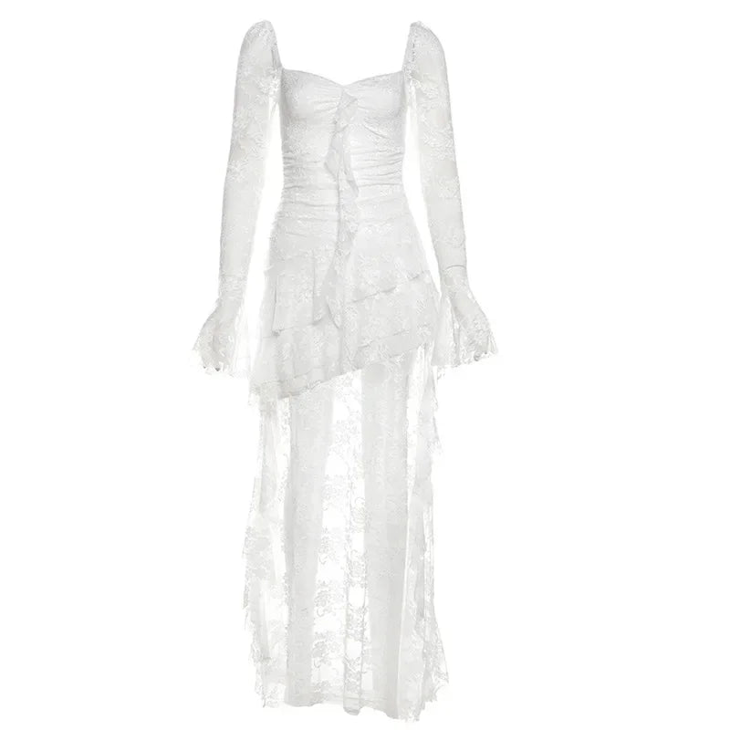 Fairycore Lace Flare Sleeve Square Neck A-line Dress Sweet E-girl Irregular Long Hem Dresses Cyber Y2K Party Vestido