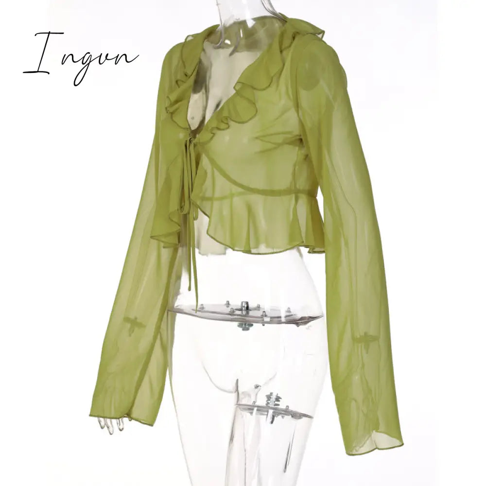 Ingvn - Summer Outfits Vintage 90s Streetwear Ruffles Trim Green Chiffon T-shirts Y2K Fashion Sexy Deep V Lace Up Long Sleeve Tops Transparent