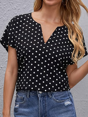 Women's Casual Fashion V-Neck Blouses - Polka Dot Print Short Sleeve Loose Fit Tops
