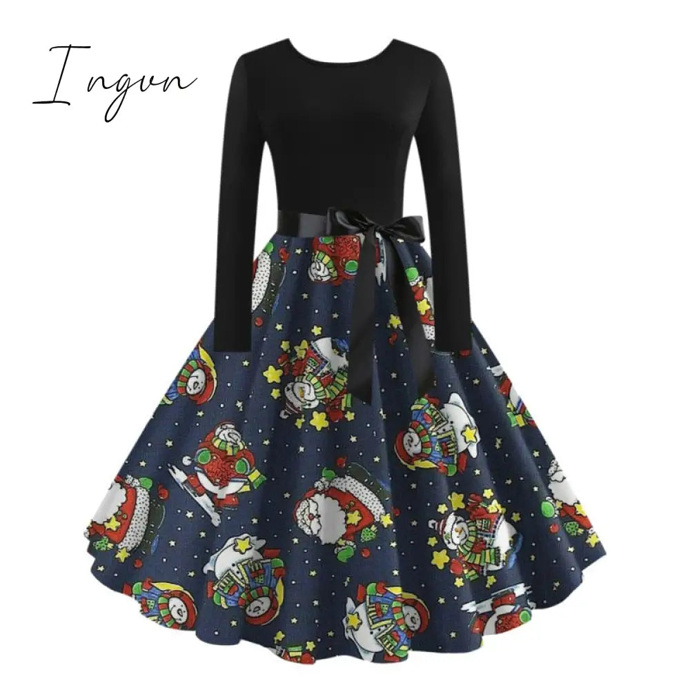 Ingvn - Christmas Halloween Costumes  Retro Positioning Print Party Casual Long Sleeve Round Neck Swing Dress