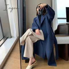 Ingvn - Selling Women Spring Autumn Coat Fashion Warm Outerwear Woolen Blends Female Long Elegant Double Breasted Solid Woolen Coat