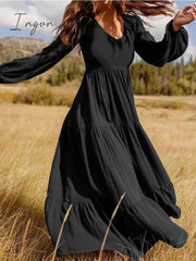 Ingvn - V Neck Long Sleeve Patchwork Solid Color Dress