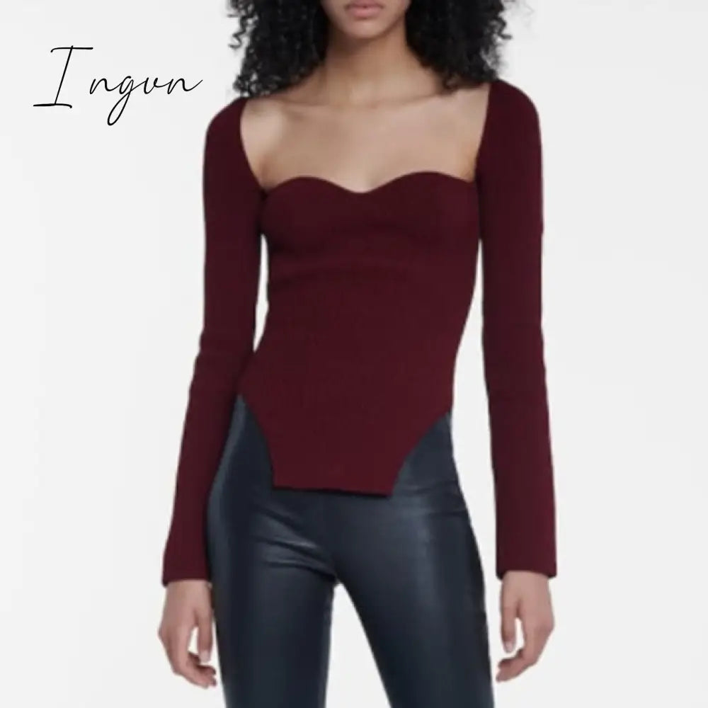 Ingvn - White Side Split Knitted Women's Sweater Square Collar Long Sleeve Sweaters Female Autumn Fashion New Clothes