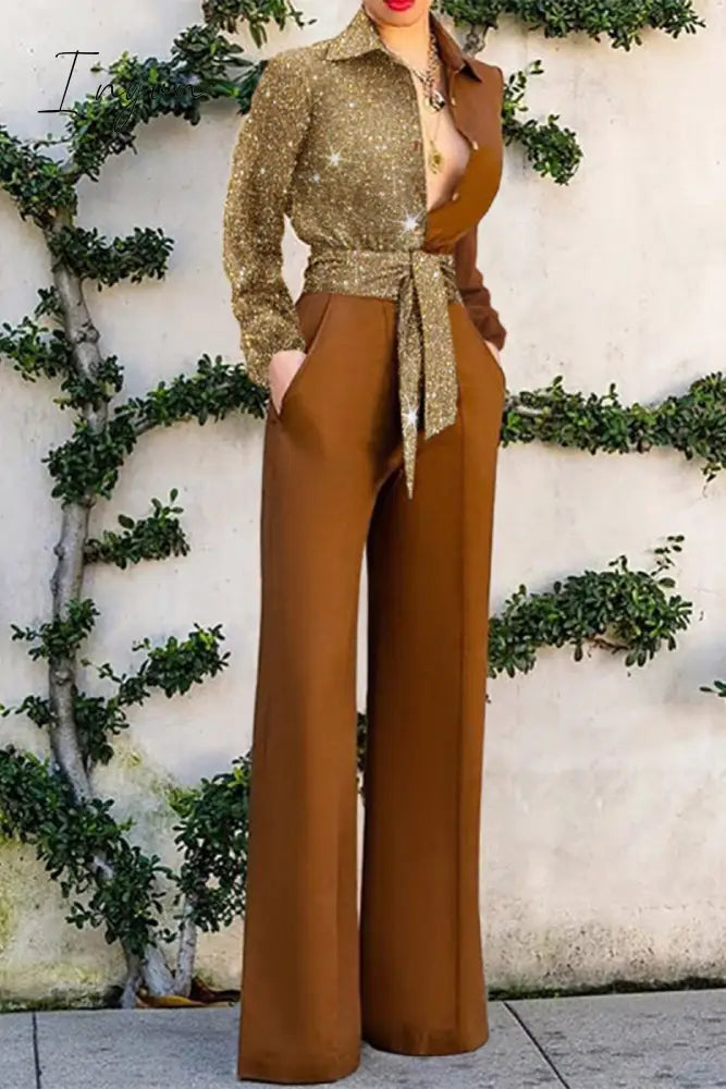 Ingvn - Casual Color Block Frenulum Contrast Turndown Collar Loose Jumpsuits