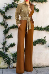Ingvn - Casual Color Block Frenulum Contrast Turndown Collar Loose Jumpsuits