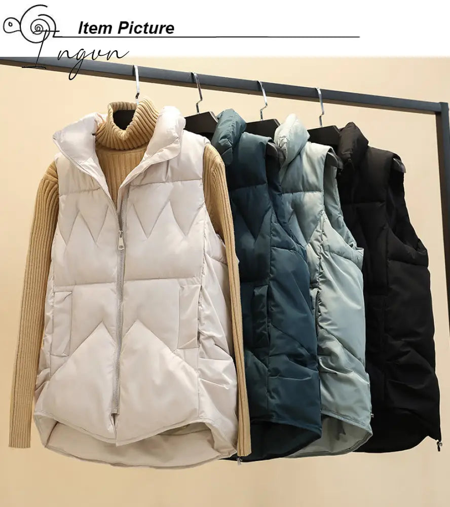 Ingvn - Autumn Winter Down Cotton Soild Women's Vest Short Style New Slim Fashion Stand-up Collar White Jacket Sleeveless Vest