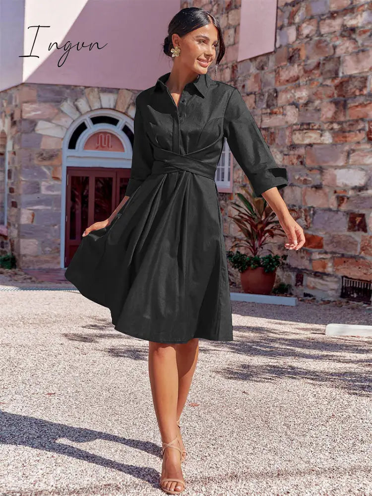 Ingvn - Elegant Solid Bandage Pocket Buttons Turndown Collar Shirt Dress Dresses