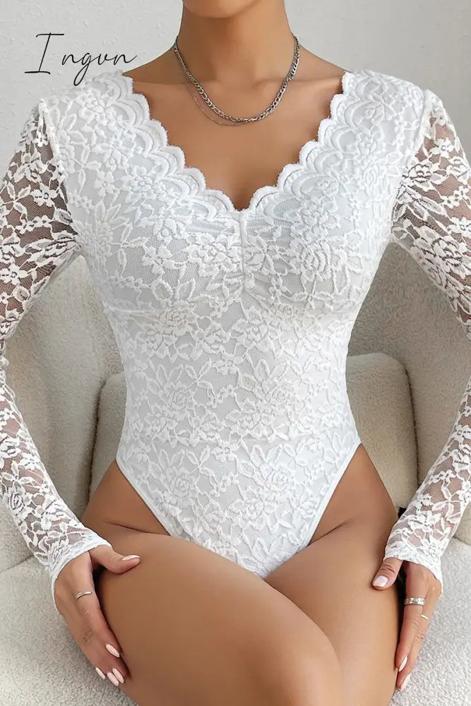 Ingvn- Sexy Solid Patchwork See-through Backless V Neck Skinny Bodysuits