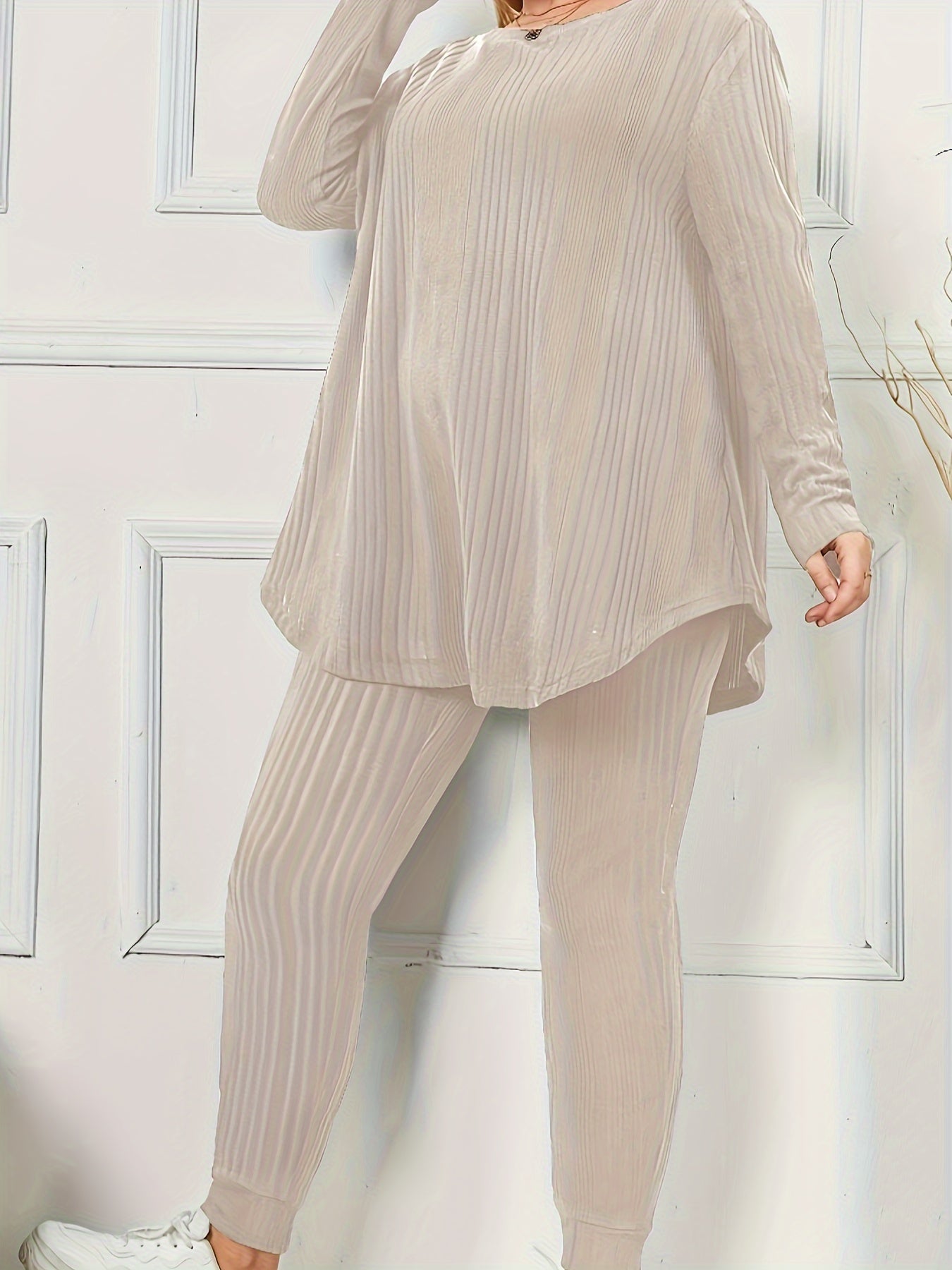 Plus Size Long-Sleeve Cozy Women's Solid Ribbed Lounge Set, Casual Style Homewear Outfit For Fall/Winter
