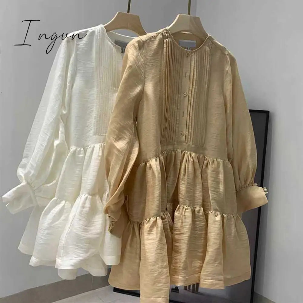 Ingvn - pleating women dress long sleeve spring autumn dress fashion ladies dress pockets mini sexy dress women