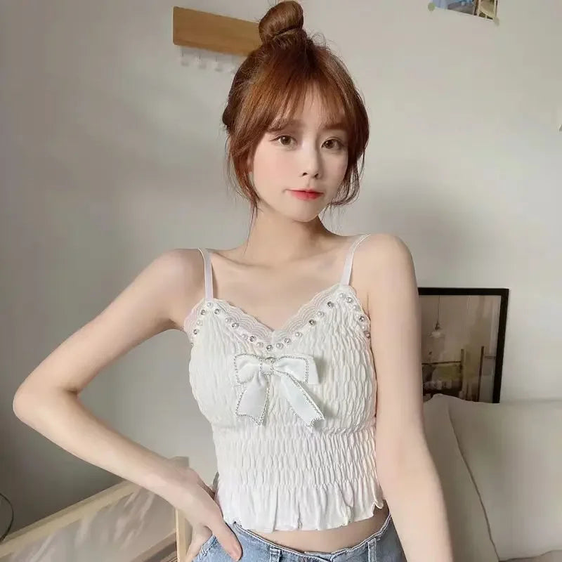 Y2k Tops French Floral Wood Ear-hem Camisole Women's Outer Wear with Breathable Lace Back-beautiful Underwear for Summer