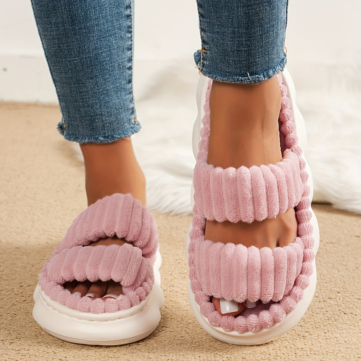 Ultimate Comfort Womens Plush Slippers - Luxurious Platform, Two-Band Open Toe Design, Cloud Soft Sole, Ultra-Fuzzy - Perfect Indoor Sanctuary Slippers for Home