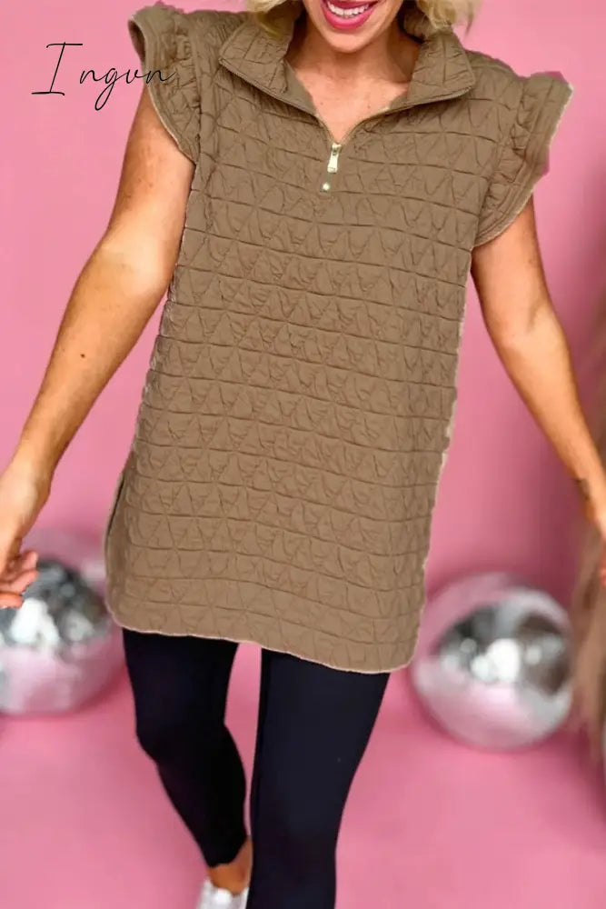 Ingvn - Casual Solid Zipper V Neck Tops