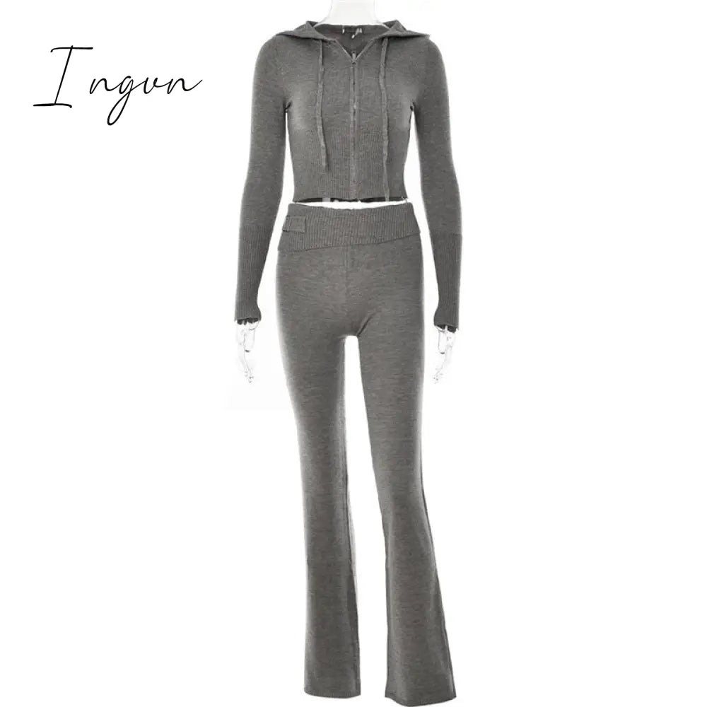 Ingvn - Zipper Lace-up Hoodies+Pant Sets 2023 Women Slim-fit Solid Cardigan Street Temperament Casual Femme Sweatshirt Suits