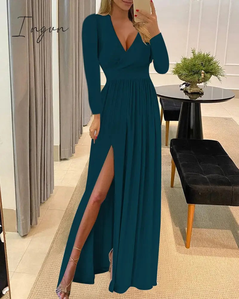 Ingvn - Sexy Long Evening Dress Elegant Dress For Women V-neck Side Split Party Dresses Female Summer Fashion Casual Club Ladies Clothes