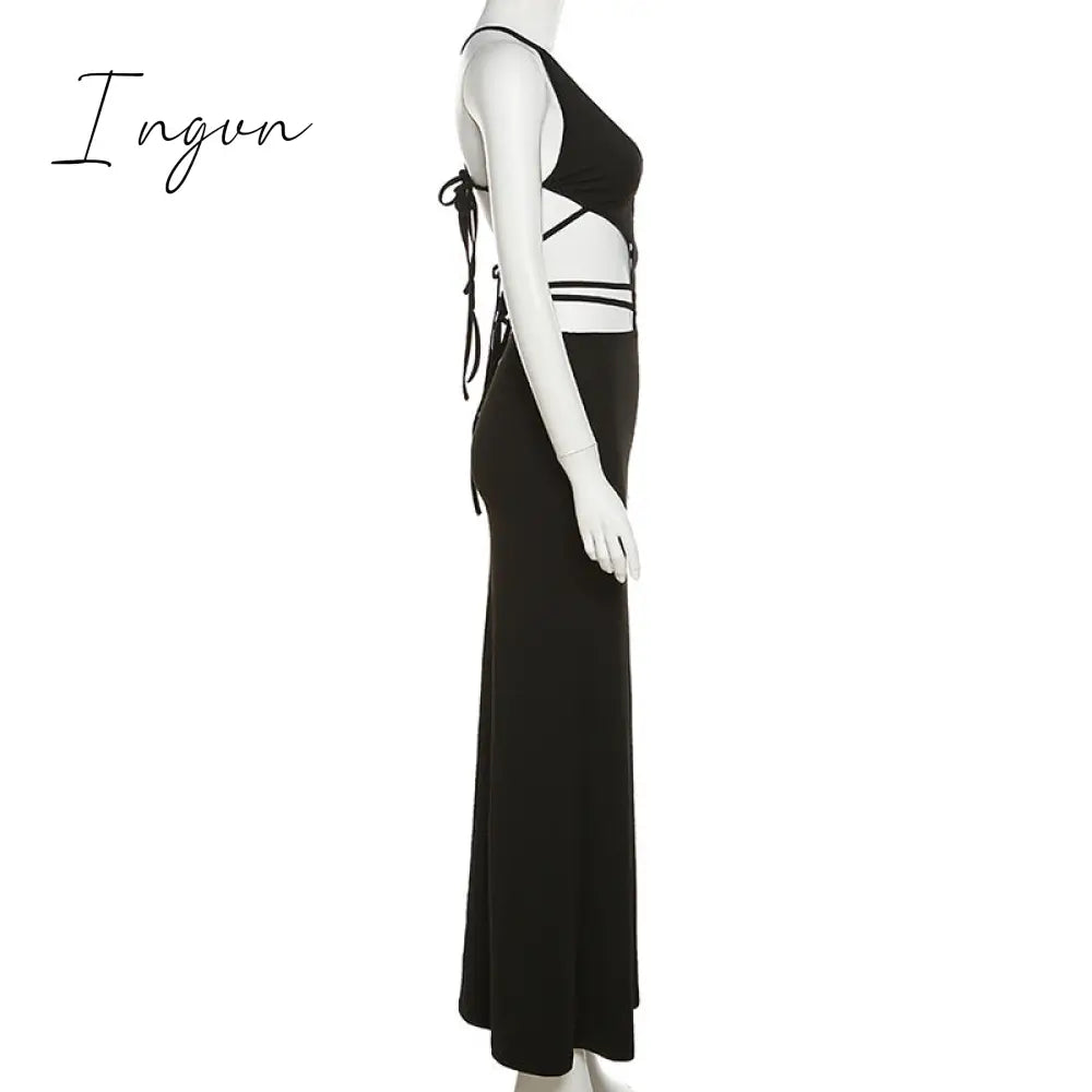 Ingvn - Sexy Bandage Hollow Out Slip Maxi Dress for Women Party Club Elegant Outfits Summer Holiday Backless Dresses Slim
