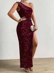 Sequined One Shoulder Split Dress, Elegant Bodycon Dress For Party & Banquet, Women's Clothing Wedding/Evening dress/Occasion/Engagement/Ceremony