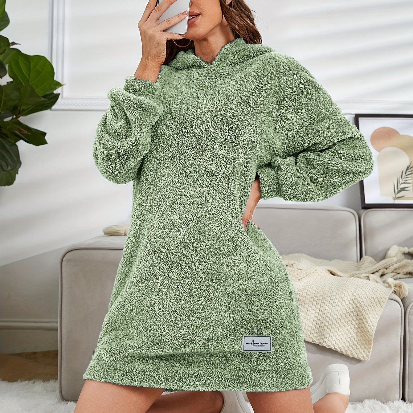 Comfortable All-Season Hooded Tunic Dress - Women's Casual Polyester, Warm and Machine-Washable, Stylish Solid Color for Easy Matching