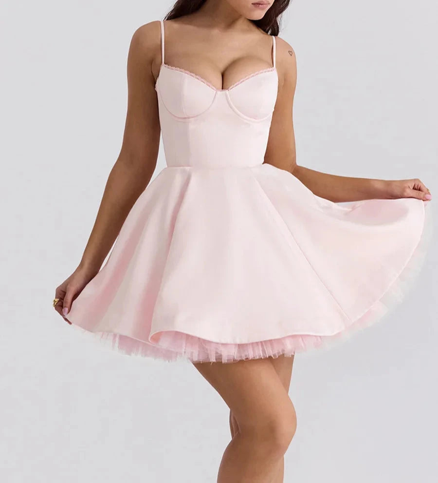 Spaghetti Strap Women Camisole Dress Slim Backless Princess Fluffy Skirt Double Layered Sexy Dress Summer Sweet Vestidos
