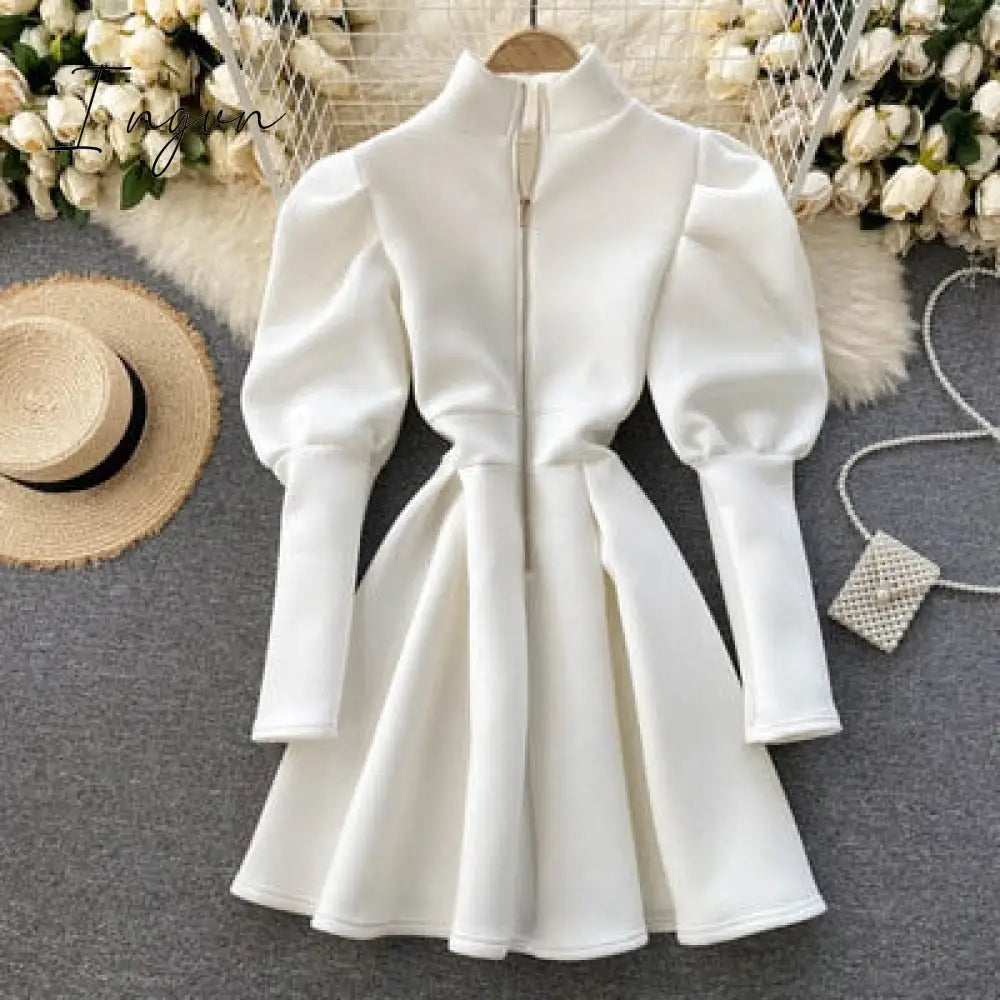 Ingvn - Autumn Winter Puff Long Sleeve Dresses For Women Party Christmas Turtleneck Slim A-Line Elegant New Year Woman Red Dress