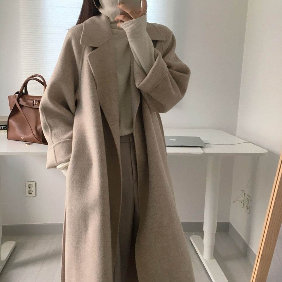 Autumn Winter Thicken Loose Wool & Blend Coats Women Elegant Lapel Full Sleeve Lace-up Oversized Female Outwear