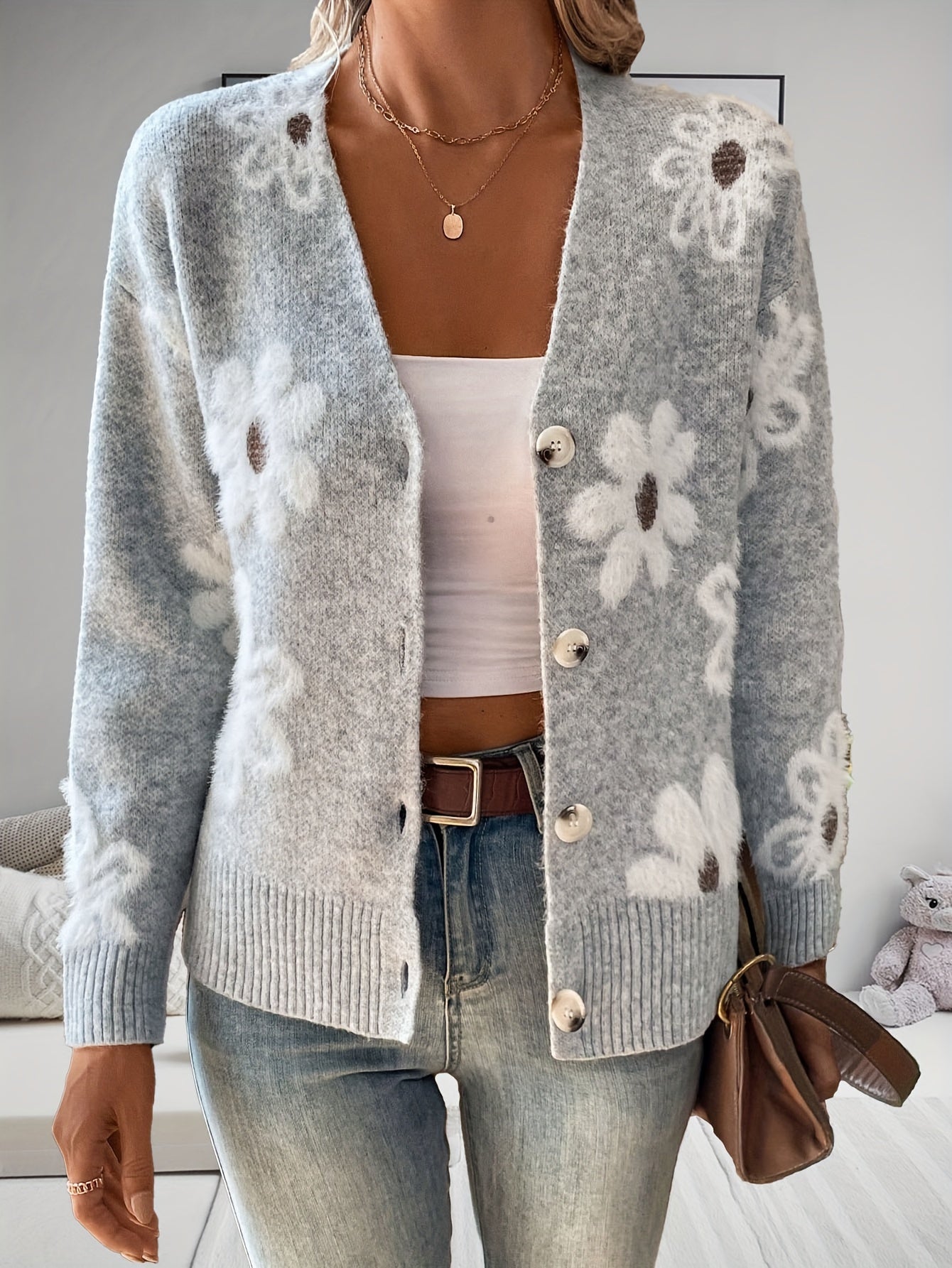 Cozy Chic Women's Knitted Cardigan - Soft V-Neck, Drooping Shoulder, Printed Button Detail, Warm and Stylish Winter Coat