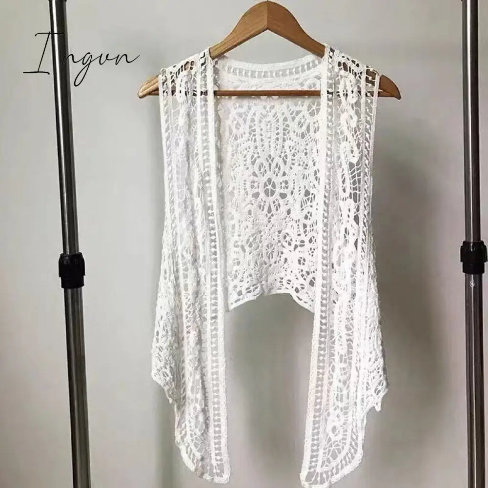 Ingvn - Asymmetric Open Stitch Cardigan Summer Beach Boho Hippie People Style Crochet Knit Embroidery Blouse sleeveless Vest