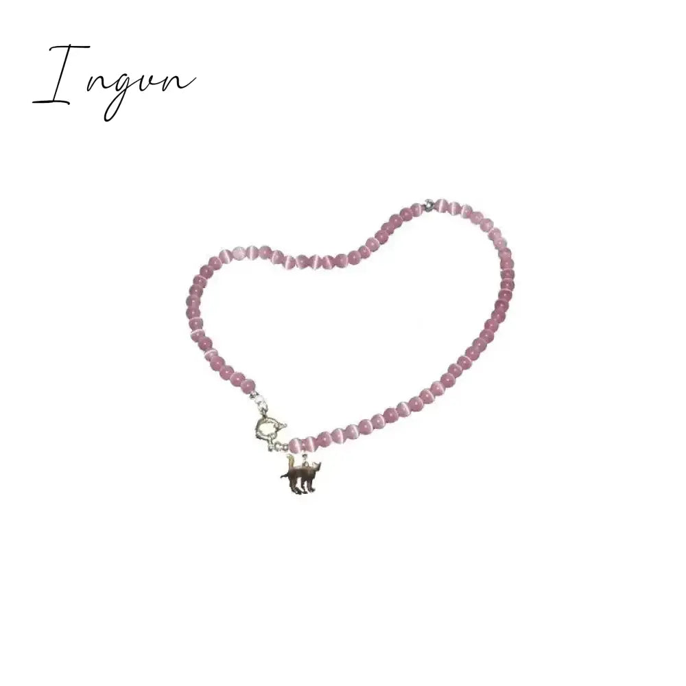 New Pink Crystal Opal Beaded Cat Pendant Necklace for Women Sweet Cool Cute Aesthetics Clavicle Chain Trendy Jewelry Gift