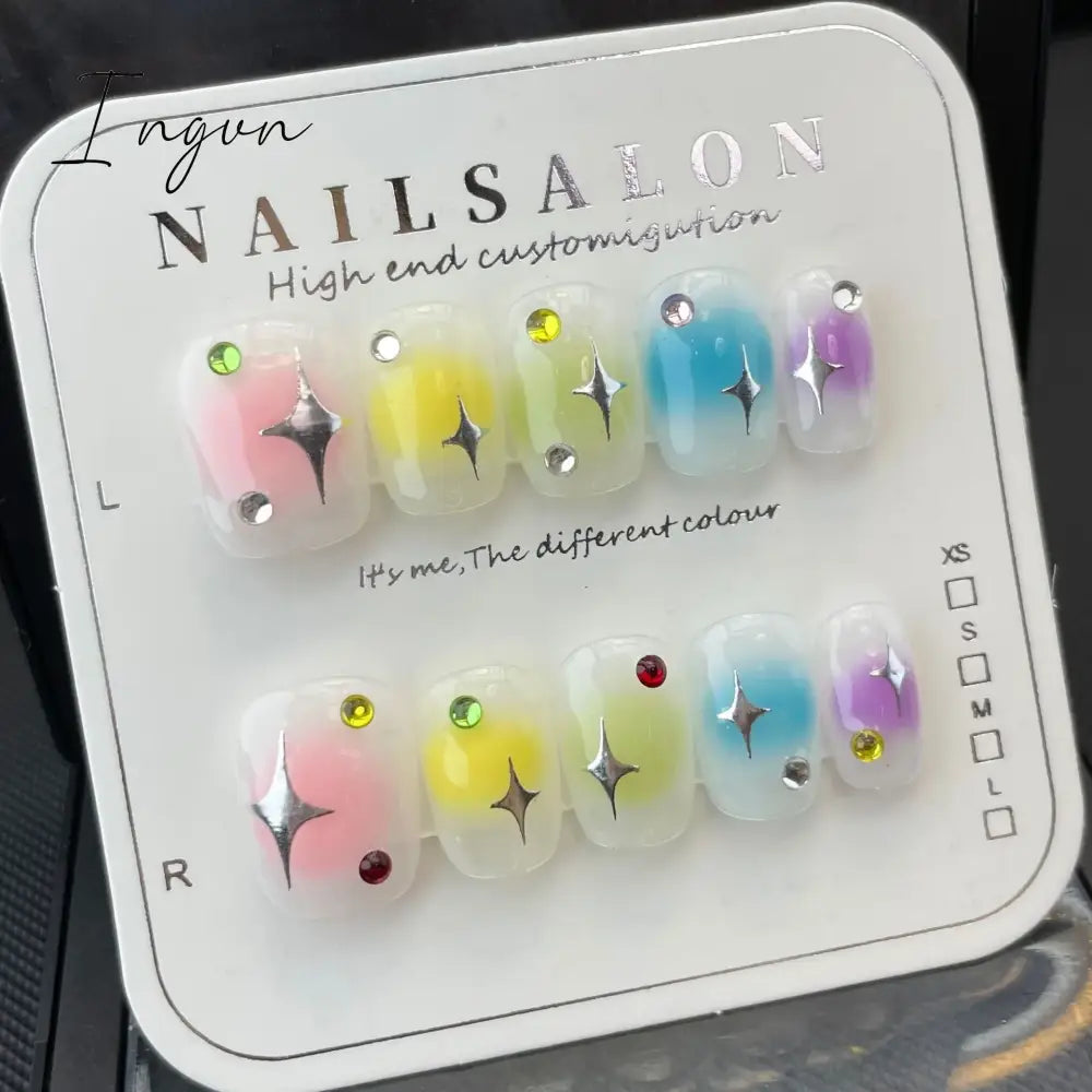 Bow Ice Translucent Sense Handmade Wearable Fake Nail Gradient AB Asymmetric Almond False Nails Trim Nail Shape Nail Decoration
